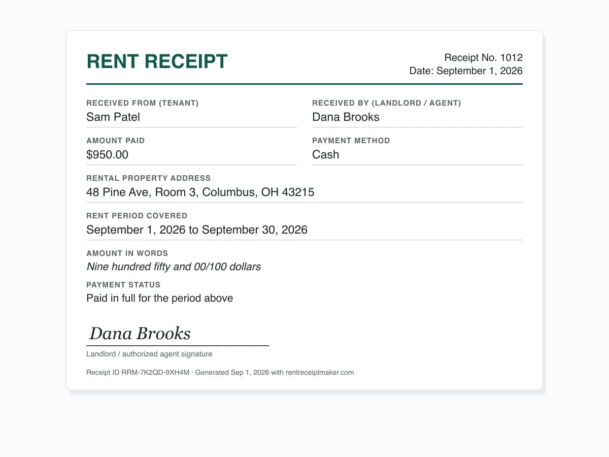 Cash rent receipt example for $950 paid in cash with amount written in words and landlord signature