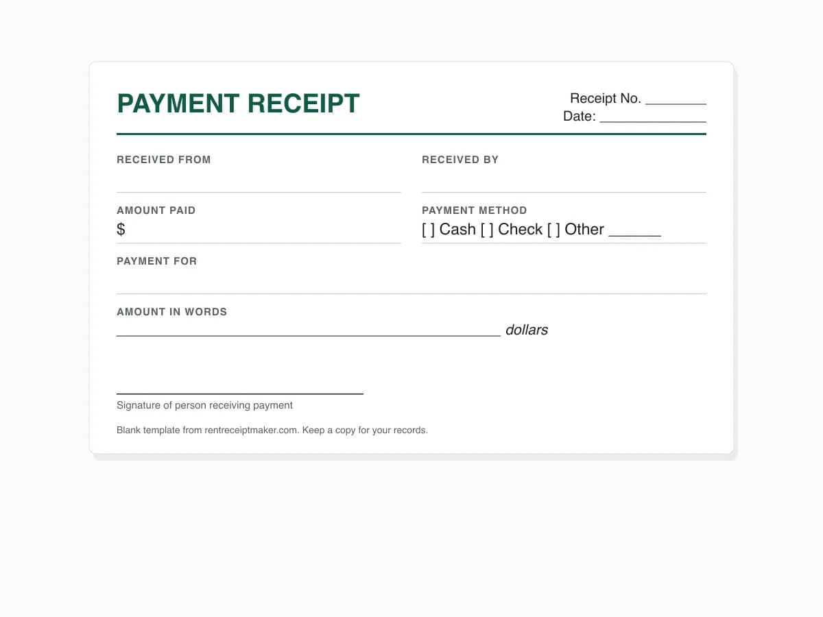 Blank receipt template with fields for receipt number, date, received from, amount, payment method and signature