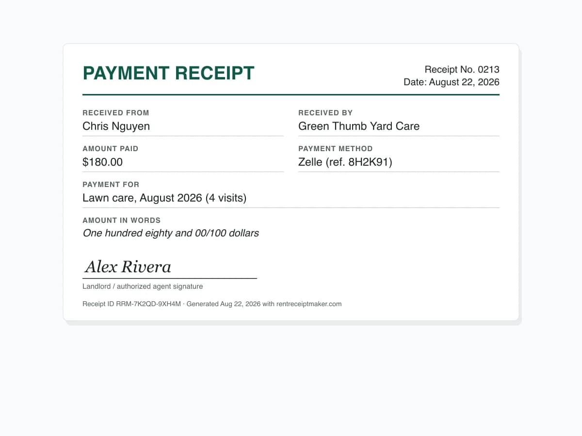 Payment receipt created with the free receipt creator for $180 of lawn care paid by Zelle