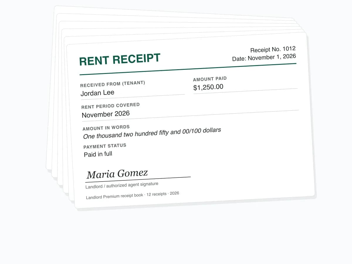 Monthly rent receipt book example: a stack of numbered rent receipts, the top one for November 2026 rent of $1,250, paid in full
